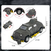A detailed model of a dark gray armored car, shown from various angles and components.