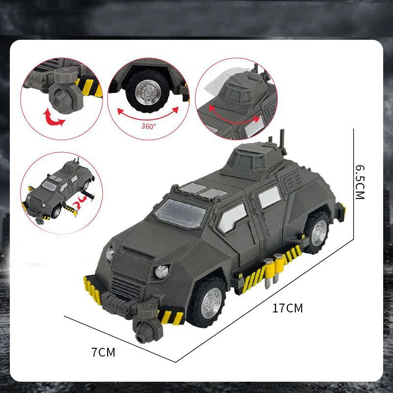 A detailed model of a dark gray armored car, shown from various angles and components.