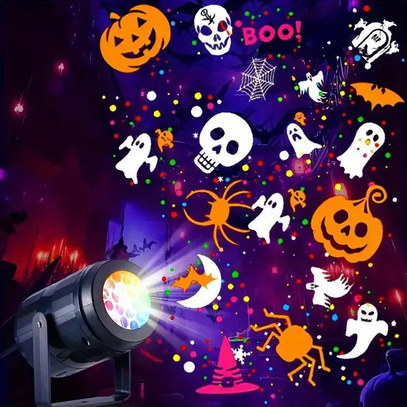 An outdoor LED projector light casts Halloween and Christmas patterns onto a dark background.