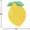 A yellow lemon-shaped disposable cocktail napkin with a green leaf, shown next to a measurement scale.