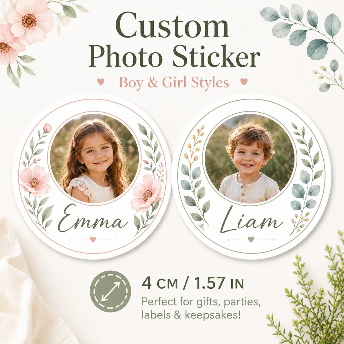 Custom photo stickers featuring children's portraits like Emma and Liam for gifts and keepsakes
