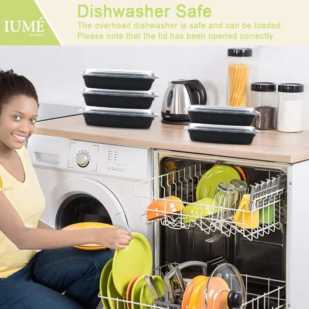 An overhead dishwasher is shown with black plastic food storage containers and lids being loaded into the rack.
