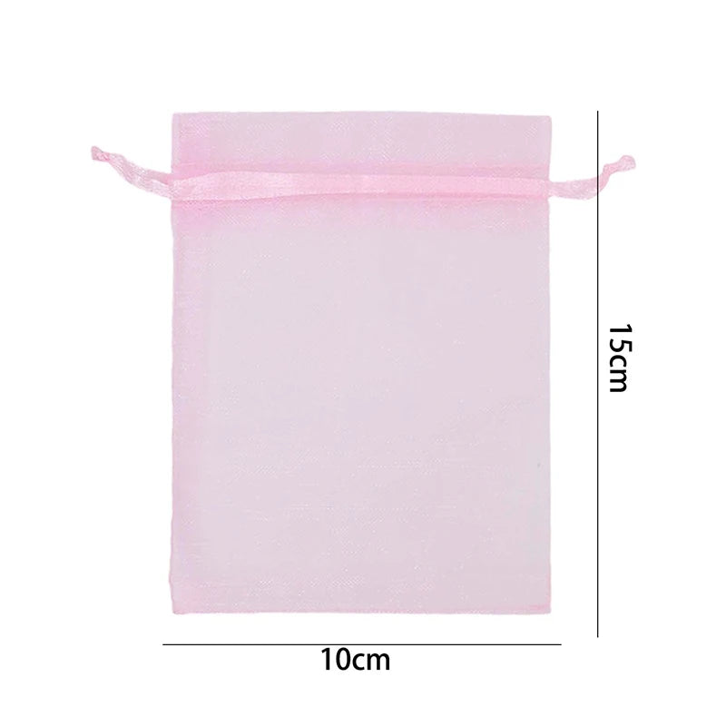 A rectangular pink organza drawstring gift bag with a pink cord, shown against a white background.