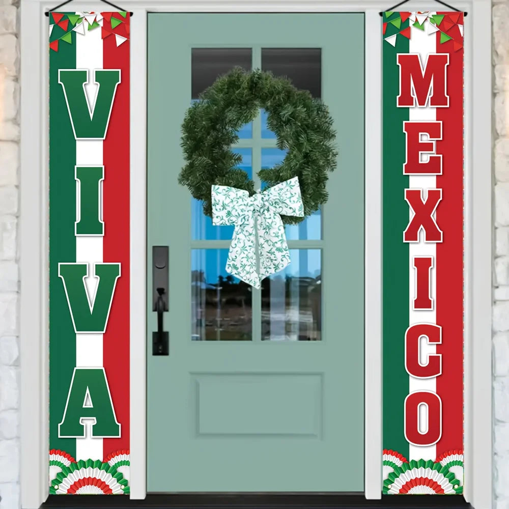 A green door decorated with festive red and white banners featuring the text Viva Mexico