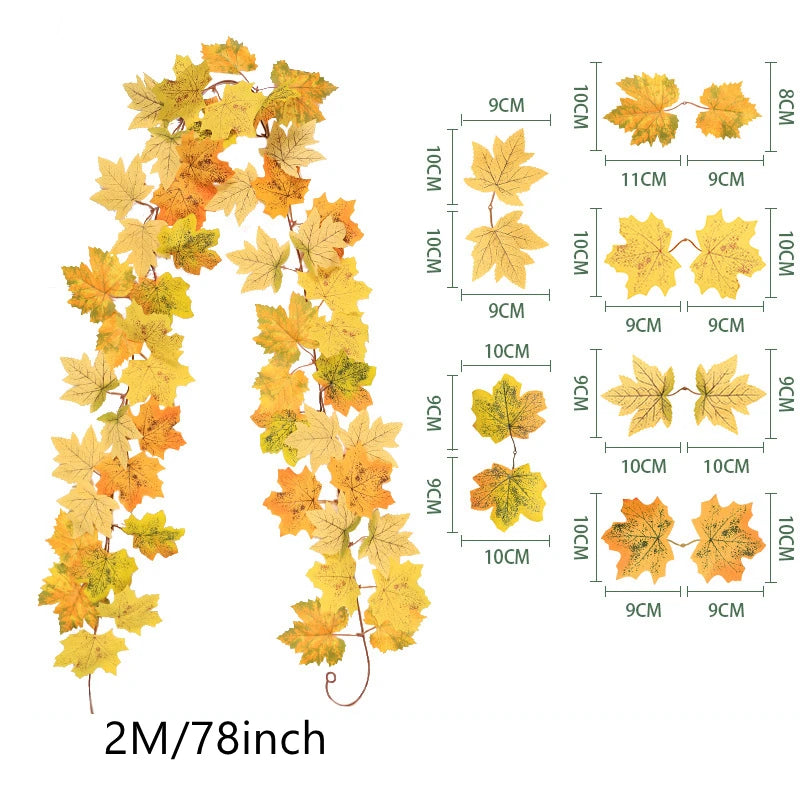 A long, drooping artificial vine featuring yellow and orange maple leaves.