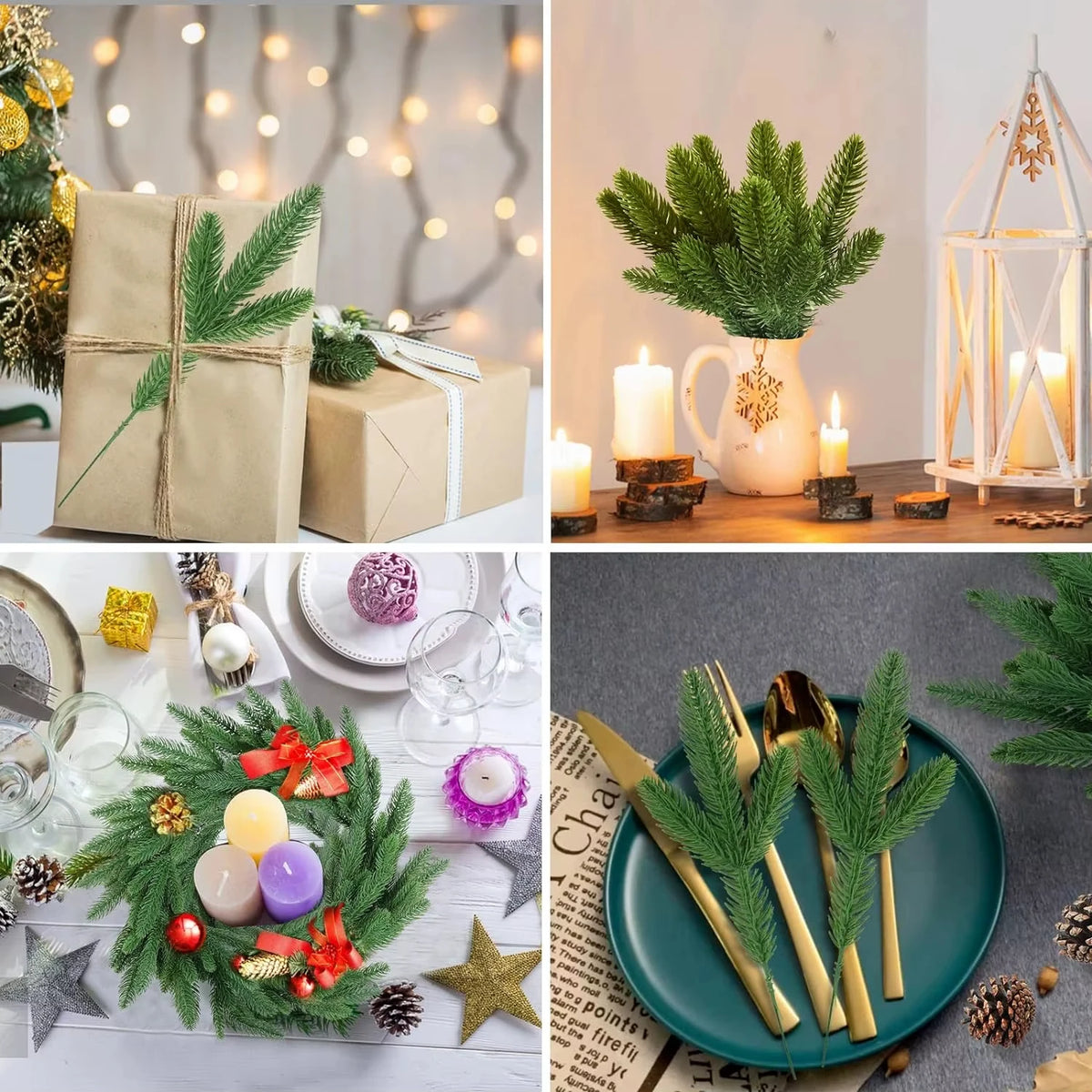 A festive arrangement of green artificial Norfolk pine branches and natural elements on a dark gray surface.