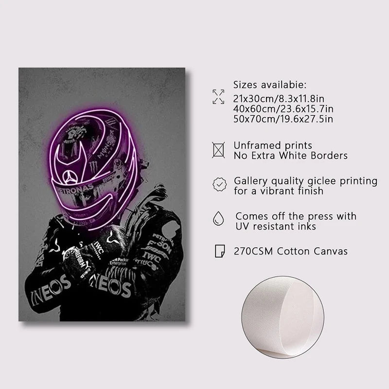 A dark motorcycle helmet design with neon purple accents printed on a canvas.
