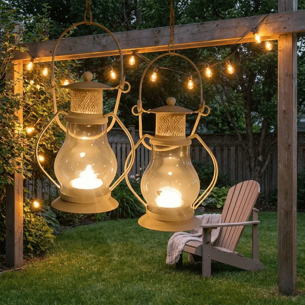 Decorative metal candlestick lantern hanging outdoors with warm light and string lights.
