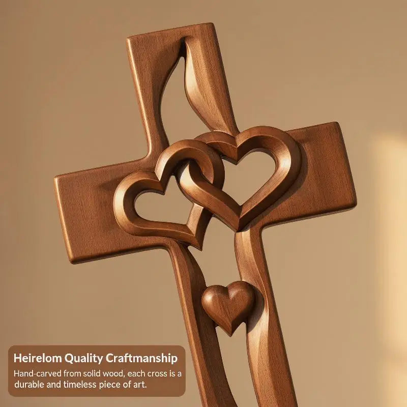 Hand-carved wooden cross with intertwined hearts, made from solid wood.