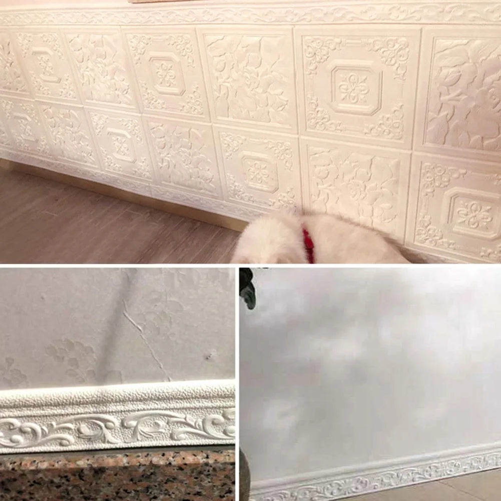 Close-up of white 3D self-adhesive wall trim border featuring floral and geometric patterns on a wall surface.