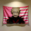 A tapestry wall hanging featuring an anime character inspired by Bakugo Katsuki against a pink and white striped background.