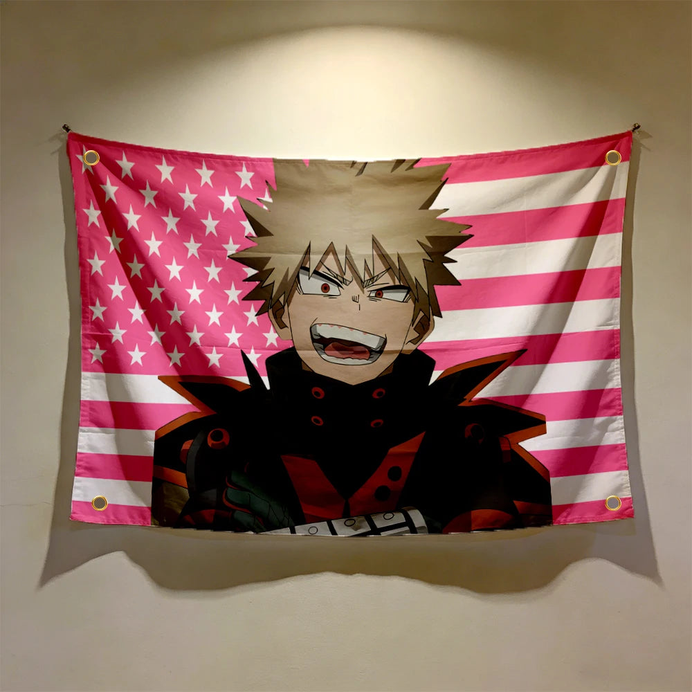 A tapestry wall hanging featuring an anime character inspired by Bakugo Katsuki against a pink and white striped background.