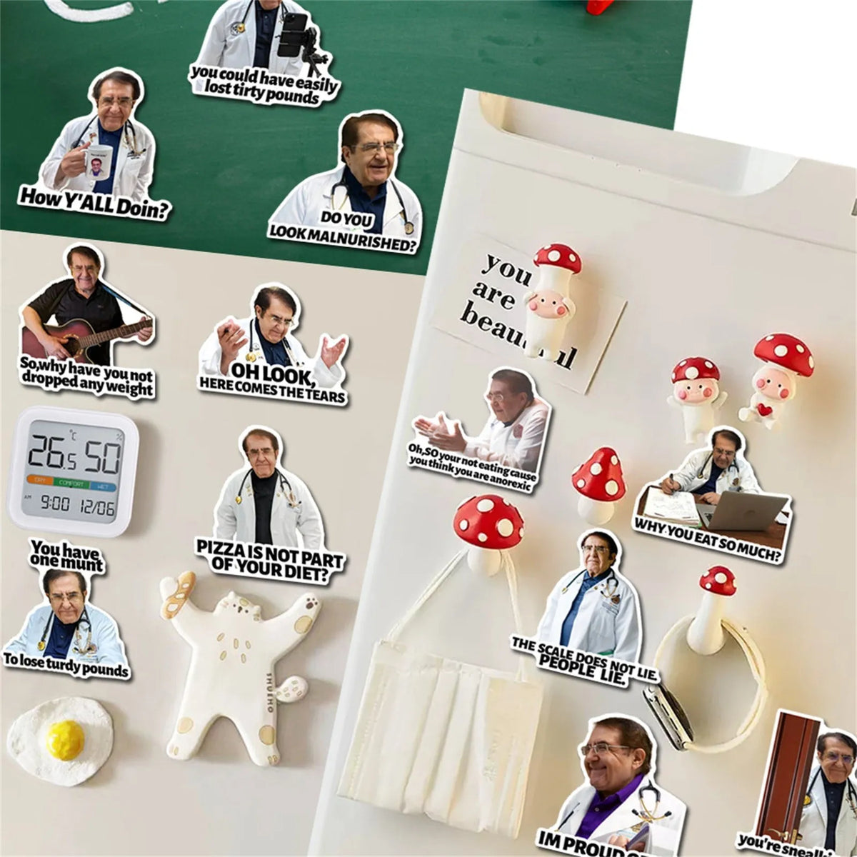 A set of funny doctor's guidelines fridge magnets showing humorous advice and scenarios.