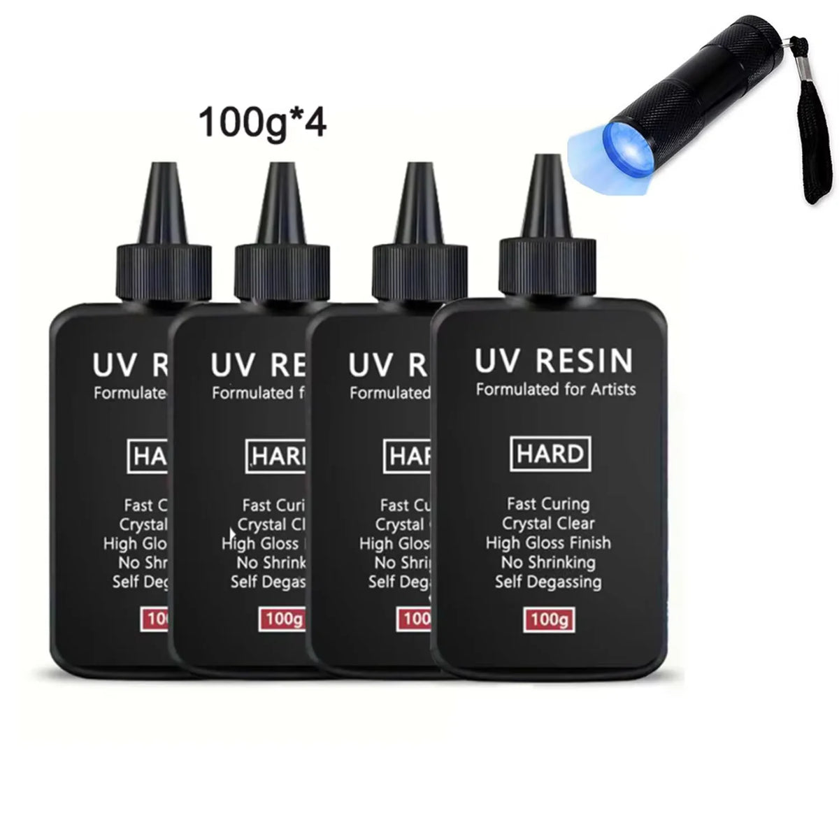 Four bottles of UV resin formulated for artists with hard and soft curing options