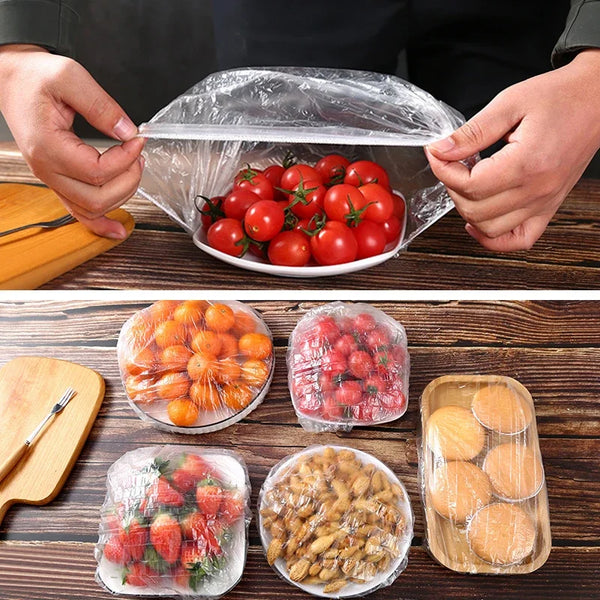 Reusable plastic food wrap covers with elastic edge showing fresh tomatoes, strawberries, and dried fruit