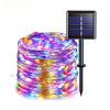 A bundle of colorful fairy string lights is displayed next to a solar panel light fixture.