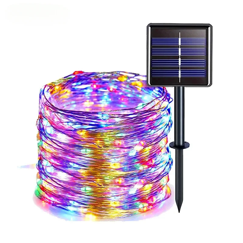 A bundle of colorful fairy string lights is displayed next to a solar panel light fixture.