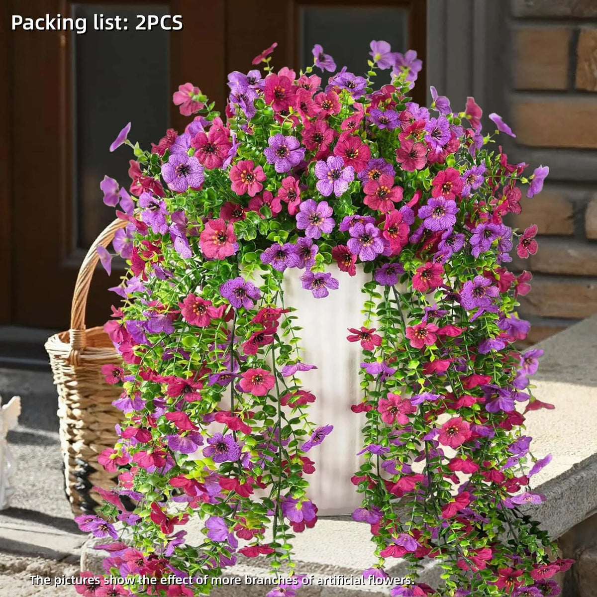 A vibrant display of purple and pink faux silk flowers used for outdoor garden decor.