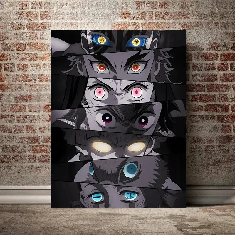 Demon Slayer anime canvas wall art featuring a print of various demon eyes.