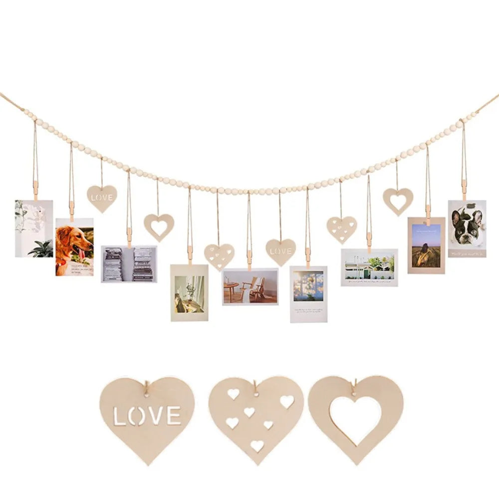 A decorative garland of heart-shaped photo displays hangs across a string.