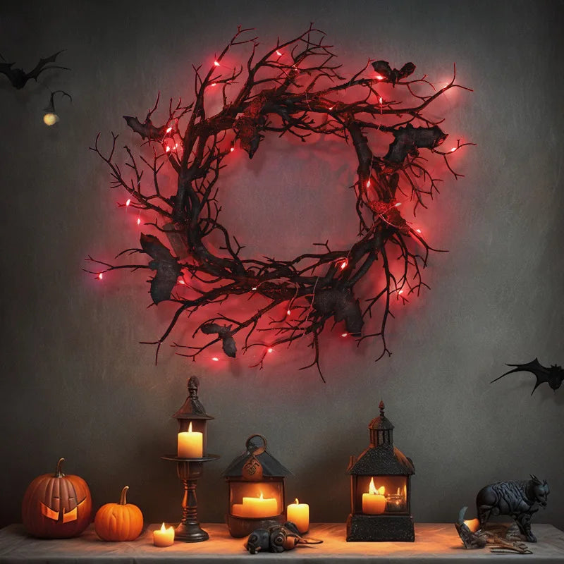 A dark branch bat wreath decorated with glowing red lights hangs on a gray wall next to pumpkins and a small statue.