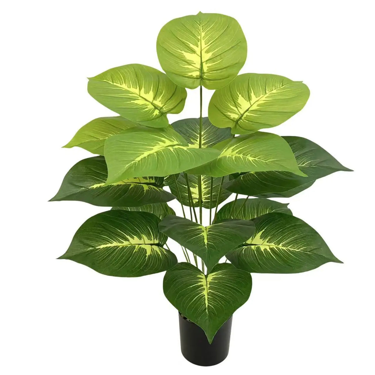 A vibrant artificial Bird of Paradise and Pothos plant with large green leaves in a black pot.