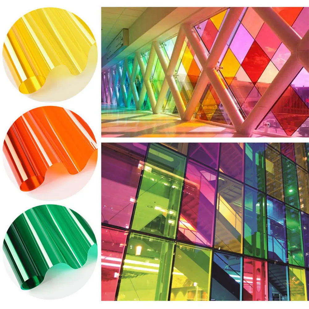 Close-up view of decorative stained glass window film in various colors and angles.
