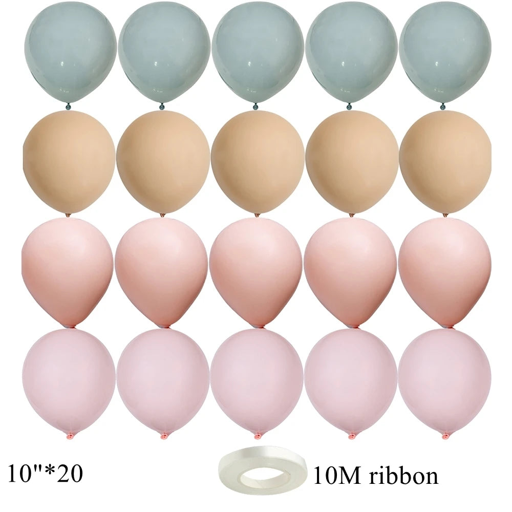 A set of 20 latex balloons in various shades of blue and peach, with a roll of 10M ribbon shown below.