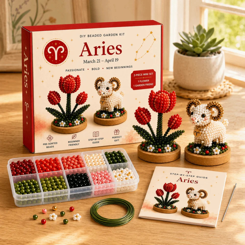 A box set for a DIY beaded garden kit featuring Aries themed components including glass beads and small figures.
