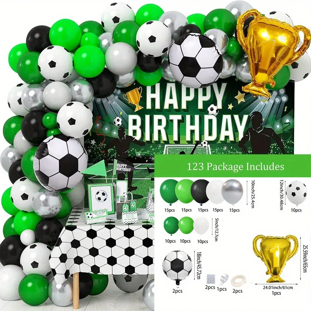 A green and black football-themed balloon arch kit featuring various sized balloons and a golden trophy.