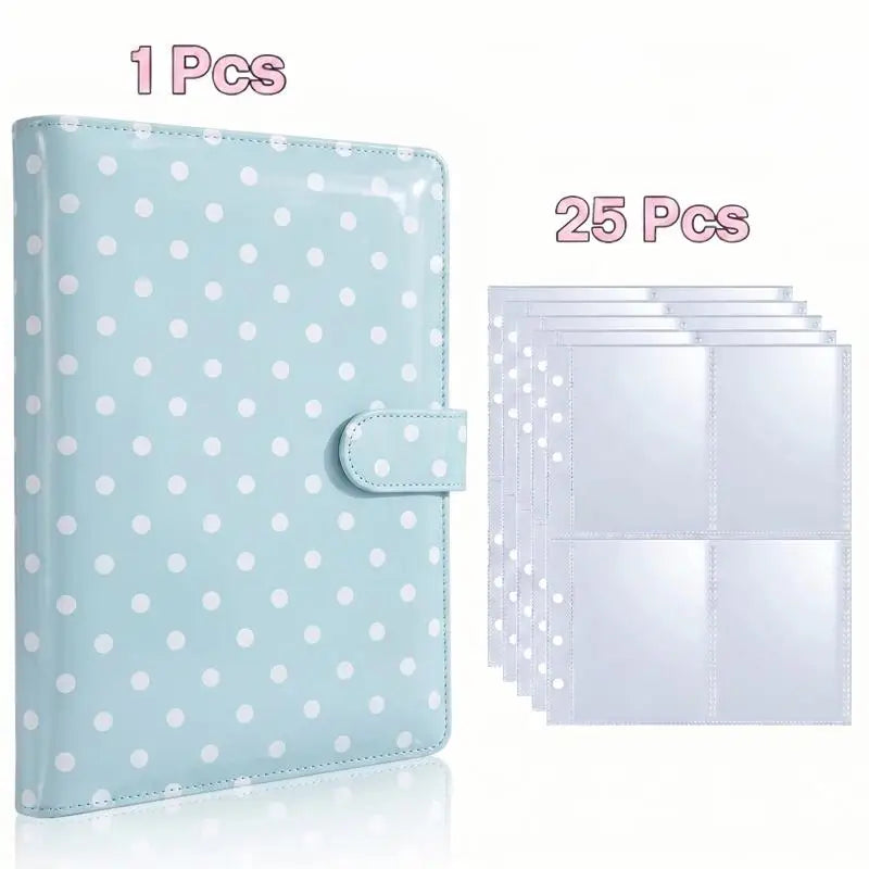 A light blue A5 photo card album binder with white polka dots, shown next to 25 individual clear plastic sleeves.
