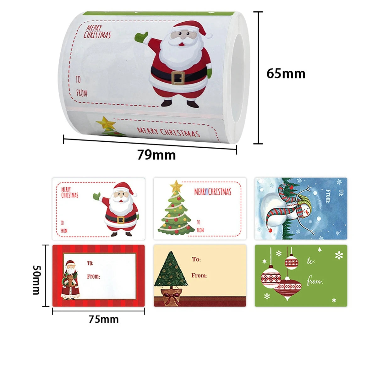 Roll of Merry Christmas decorative stickers for gift wrapping and tags shown with various sized labels