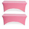 A pink stretch fitted spandex table cover for a rectangle or folding table.