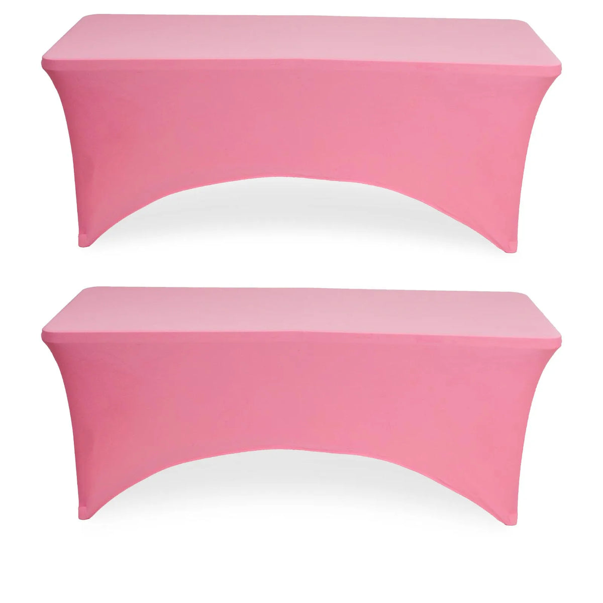 A pink stretch fitted spandex table cover for a rectangle or folding table.