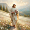 A painting of Jesus with a lamb walking down a flower-filled path in a scenic landscape.