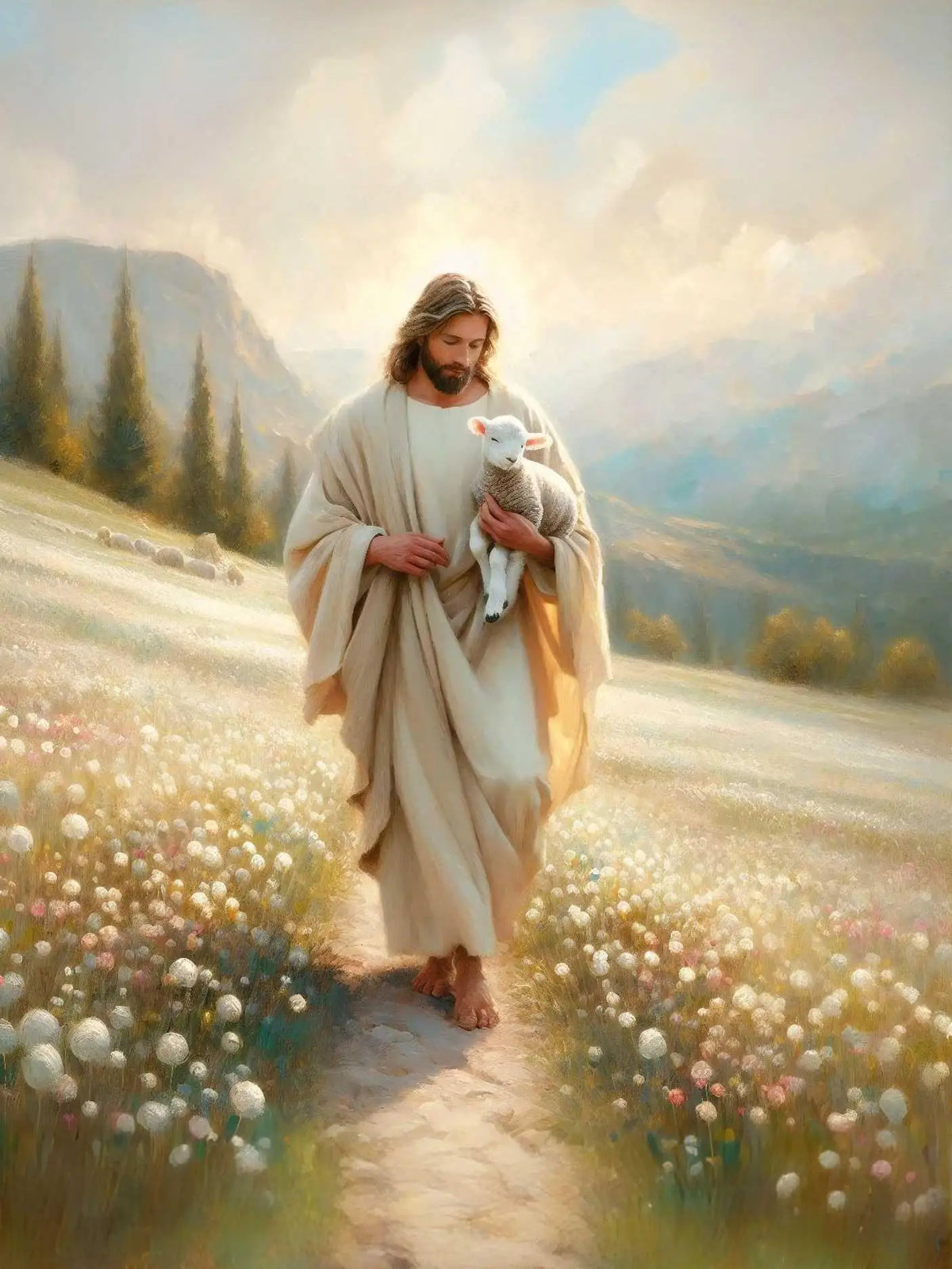 A painting of Jesus with a lamb walking down a flower-filled path in a scenic landscape.