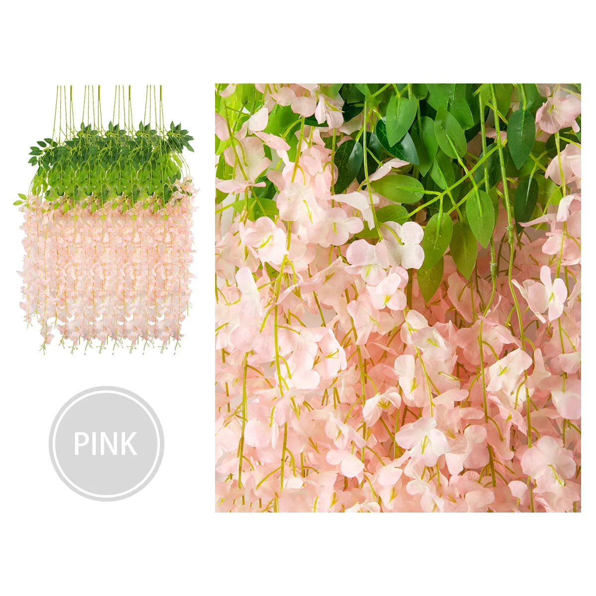 Pink silk wisteria vine garland with green leaves used for wedding and home decor