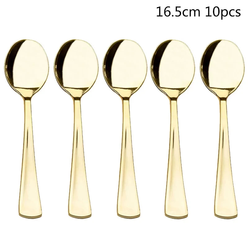 A set of ten gold disposable spoons, measuring 16.5cm each.