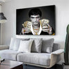 A canvas print featuring a dramatic portrait of a man with facial injuries, inspired by the Scarface movie.