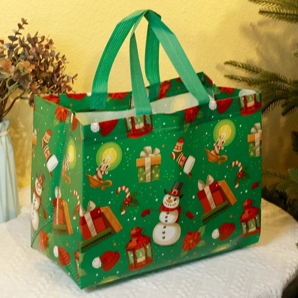 A green tote bag filled with festive Christmas designs including gifts, ornaments, and holiday figures.