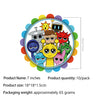 A colorful set of 10 character figures for a birthday party, featuring various stylized alien or superhero designs.
