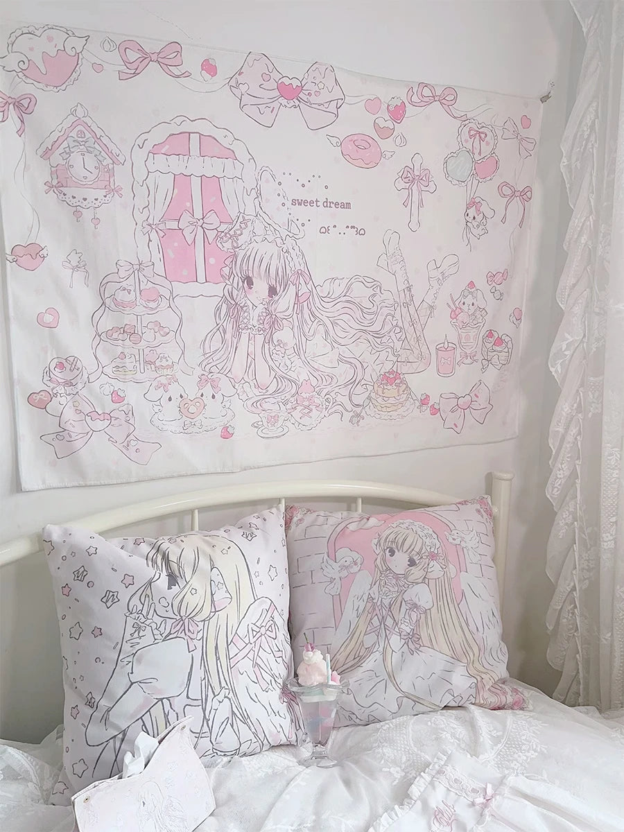 A white tapestry wall hanging featuring a kawaii cartoon illustration of a girl with long hair and pink accents for bedroom d