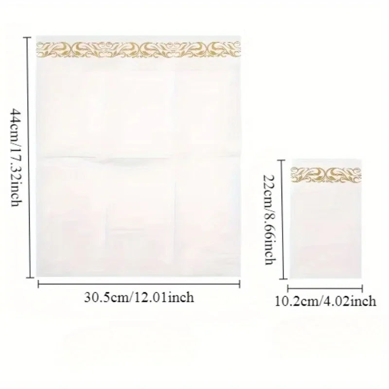 A sheet of white paper dinner napkin with a rose gold trim design.