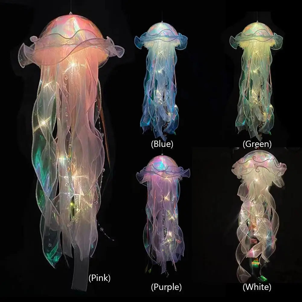 A collection of five jellyfish lantern DIY decor lamps in pink, blue, green, purple, and white.