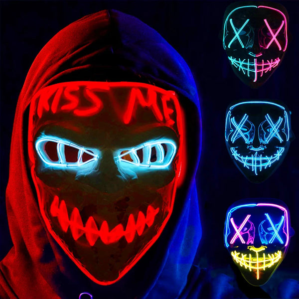 A person wearing a glowing LED Halloween mask with multiple light modes, featuring a menacing face design.
