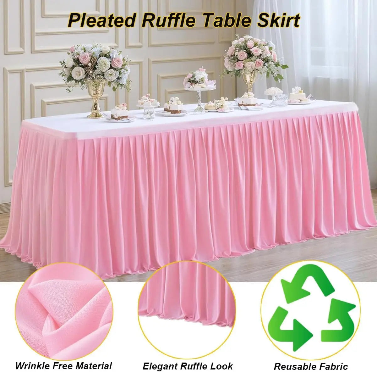 Pink pleated ruffle table skirt displayed on a white table, showing the fabric texture and drape.