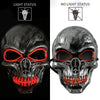 A realistic latex skull mask with glowing red eyes and teeth, shown in two views.