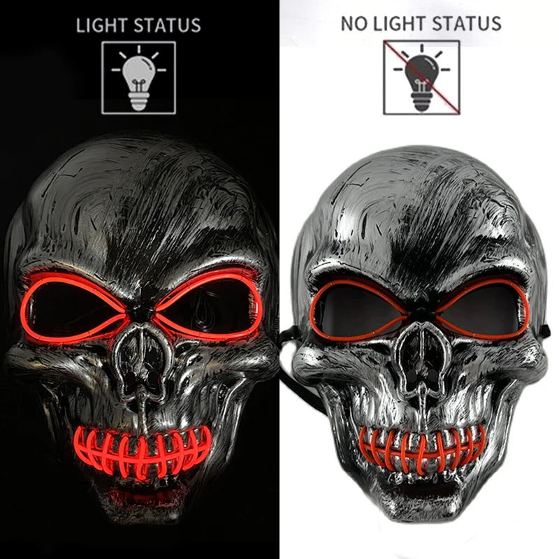 A realistic latex skull mask with glowing red eyes and teeth, shown in two views.