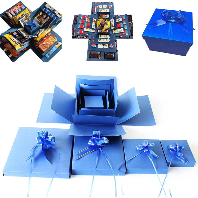 A collection of elegant blue party gift packaging boxes and decorative ribbon bows.