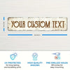 A vintage metal sign with custom text is shown, highlighting UV protection, high quality imaging, and pre-drilled holes for e
